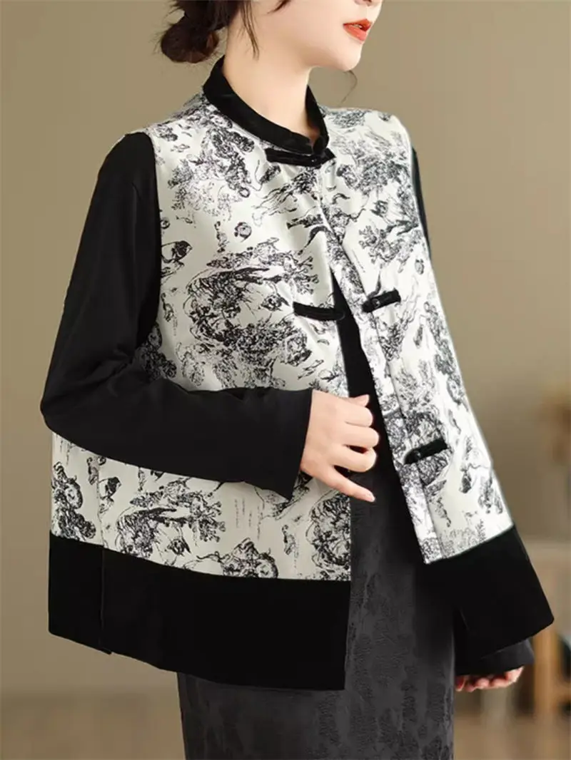 

Ethnic Style Stand Collar Buckle Retro Vest Jacket Women's Large Size Spring Artistic Color Contrast Print Loose Waistcoat z4836
