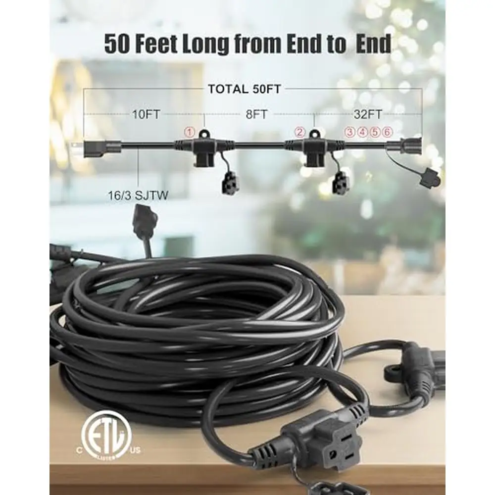 Outdoor Extension Cord 50ft with 6 Outlets Plugs Safety Cover Weatherproof Evenly Spaced Heavy-Duty Copper Wire ETL Listed 16/3