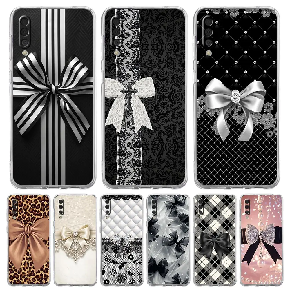 Transparent Phone Case for Samsung Galaxy A16 A14 A12 A22 A24 A26 A36 A56 A42 A20 A30 Soft TPU Black Bowknot Faux Pearl Painted