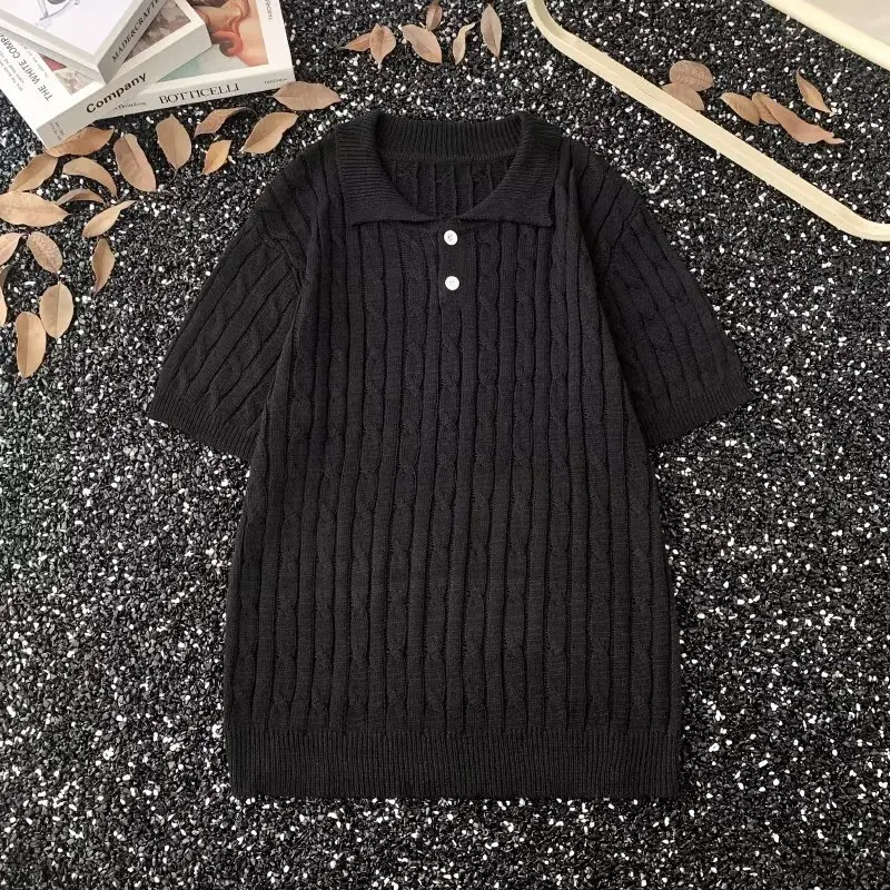 Man Knitting Base Layers 2026 New Summer Men Knitted Shirt Vintage Lapel Short Sleeve T Shirt High Grade Casual Tops