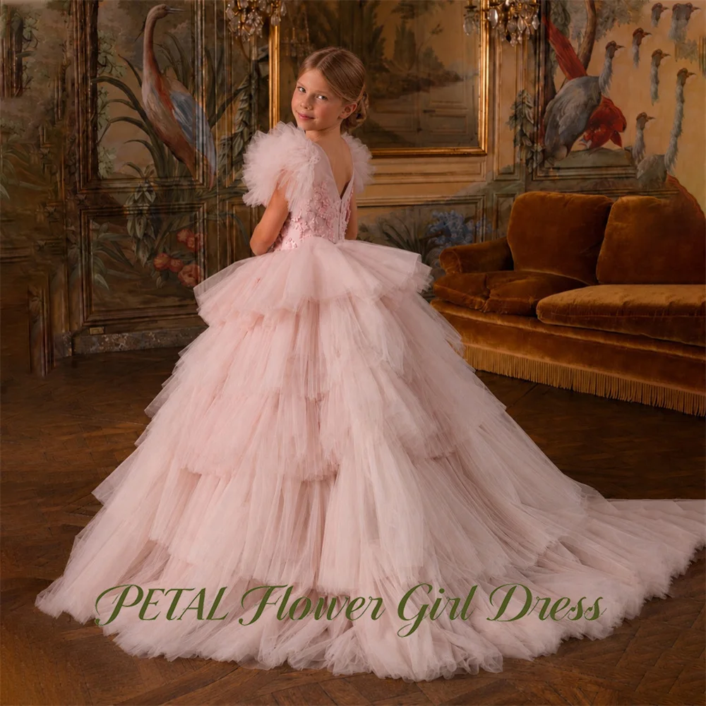 Petal Pink 3D Floral First Communion Gown Back V Cut Girls Princess Dress Round Neck Evening Party Dress for Girls Customized