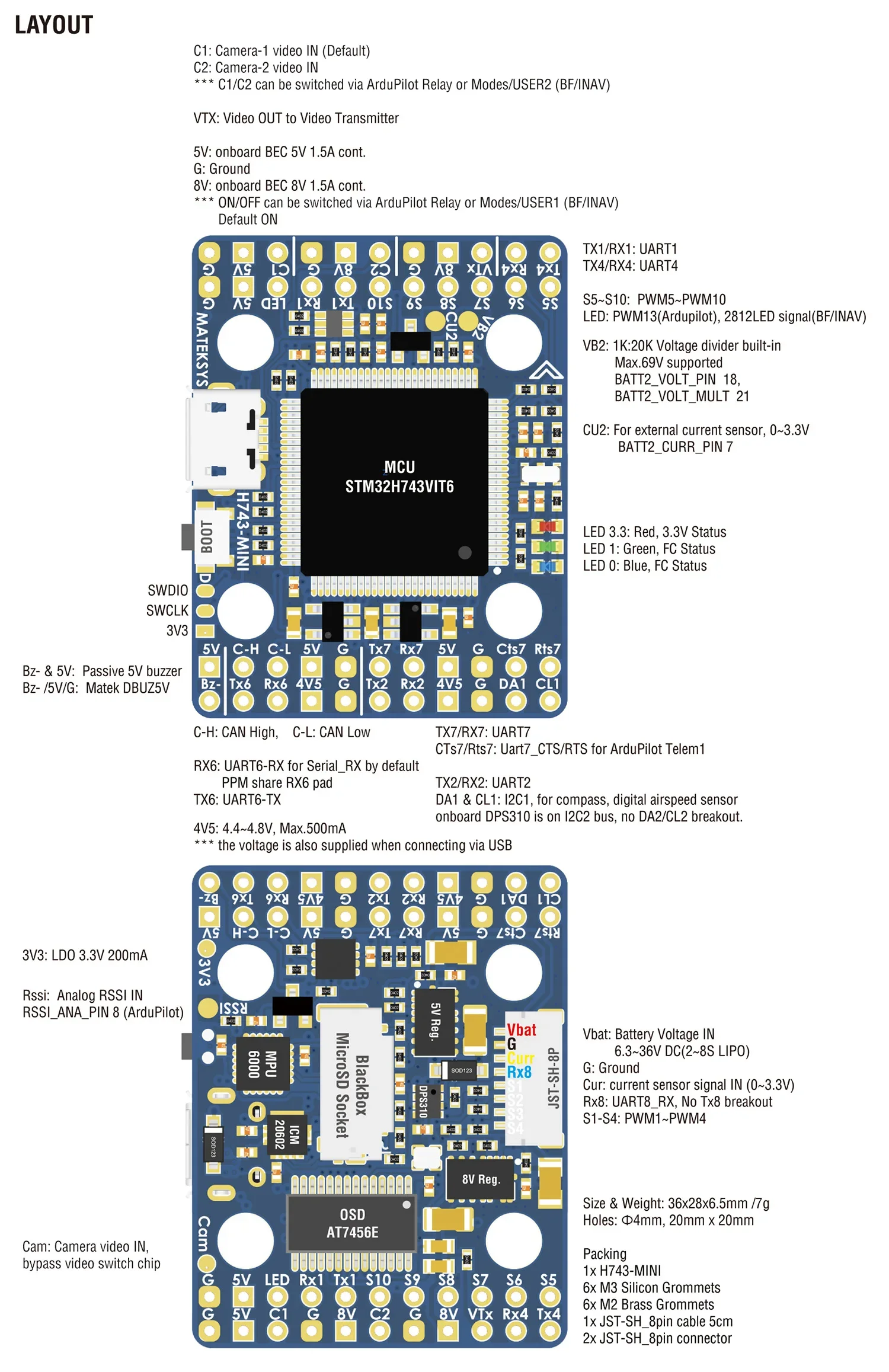 Matek H743-MINI V3 FC H743 controlador de vuelo 20x20mm ICM42688P ICM42605 OSD integrado 11 PWM 2-8S Lipo para Dron de carreras con visión en primera persona