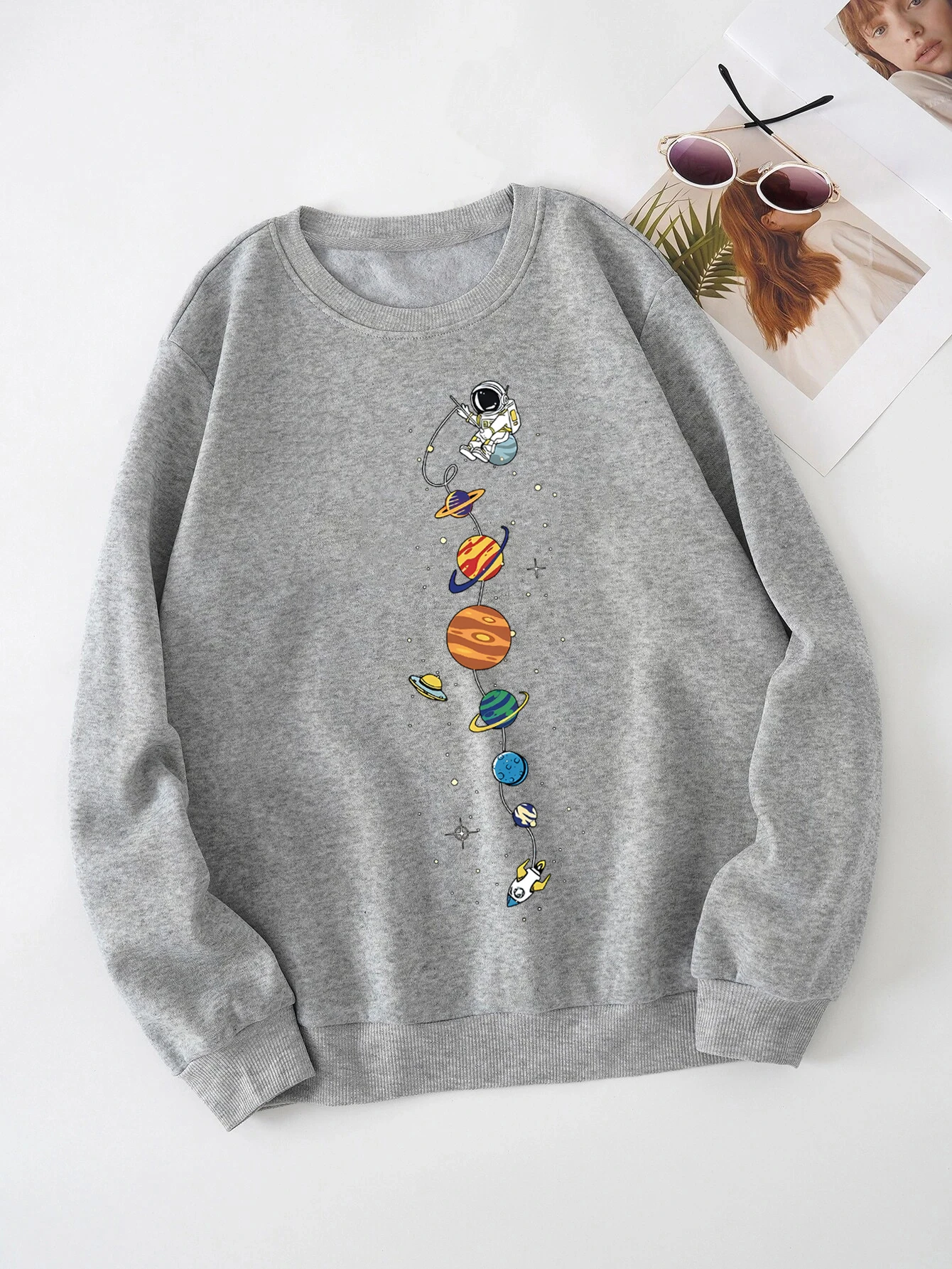 Women's Print Thermal Lined Crew Neck Loose Pullover Long Sleeve Plus Velvet Sweatshirt