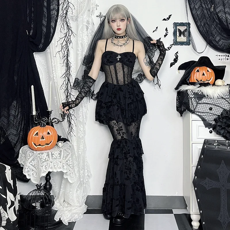 

Autumn New Sexy Long Dress, Halloween Dark Style Temperament Mesh Suspender Dress