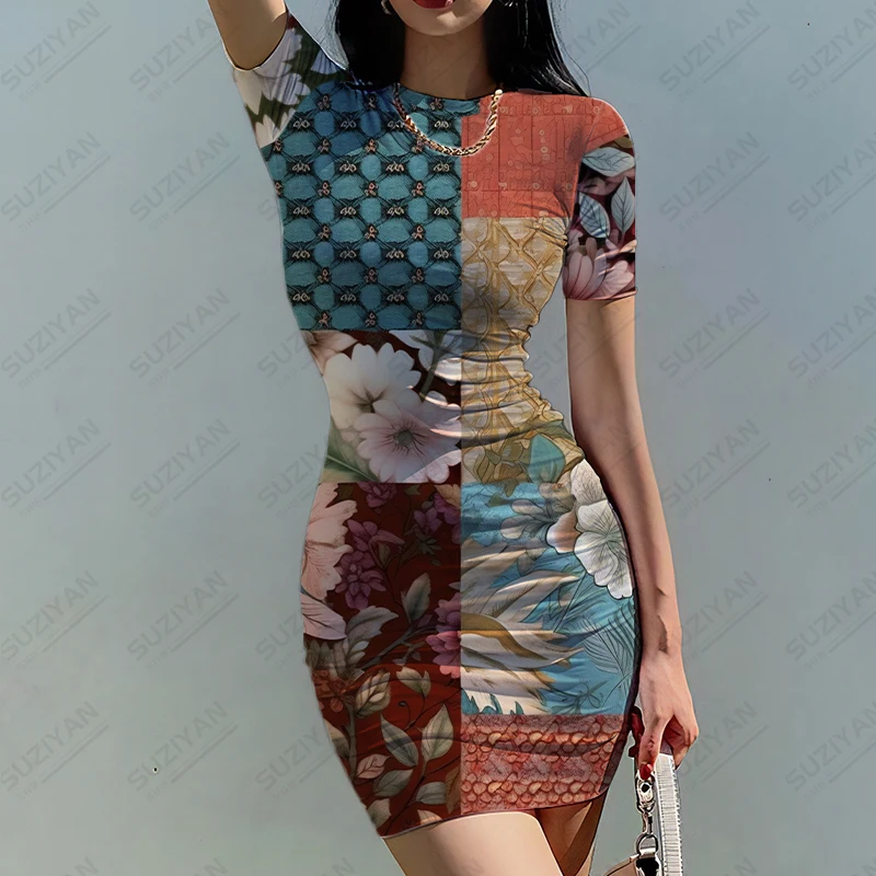 Summer new ladies sexy body dress color block stitching 3D printed lady sexy body dress fashion trend women sexy body dress