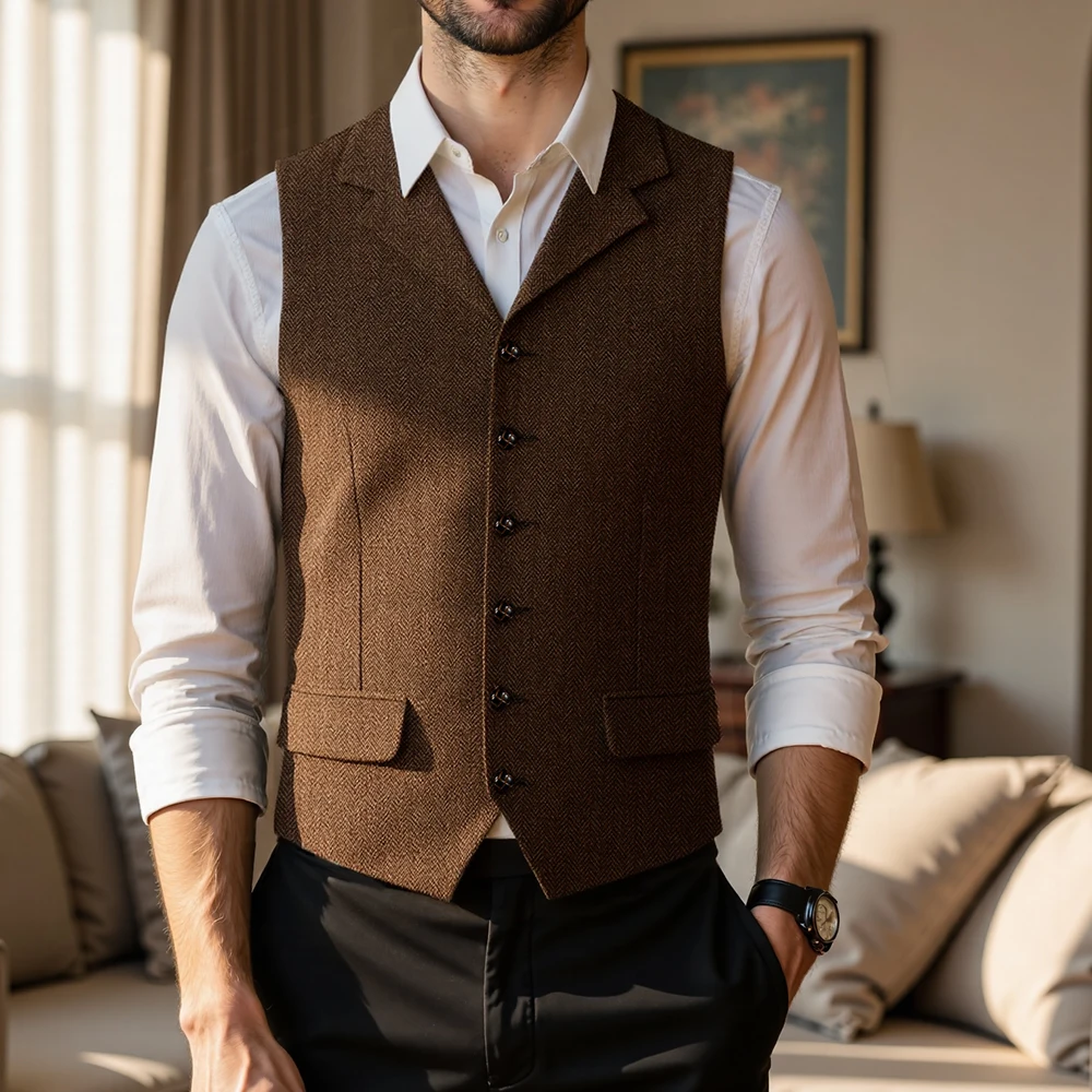 

Suit Men Vest Lapel V Neck Wool Herringbone Waistcoat Casual Formal Business Groomman For Wedding Green/Black/Brown/Green/Grey