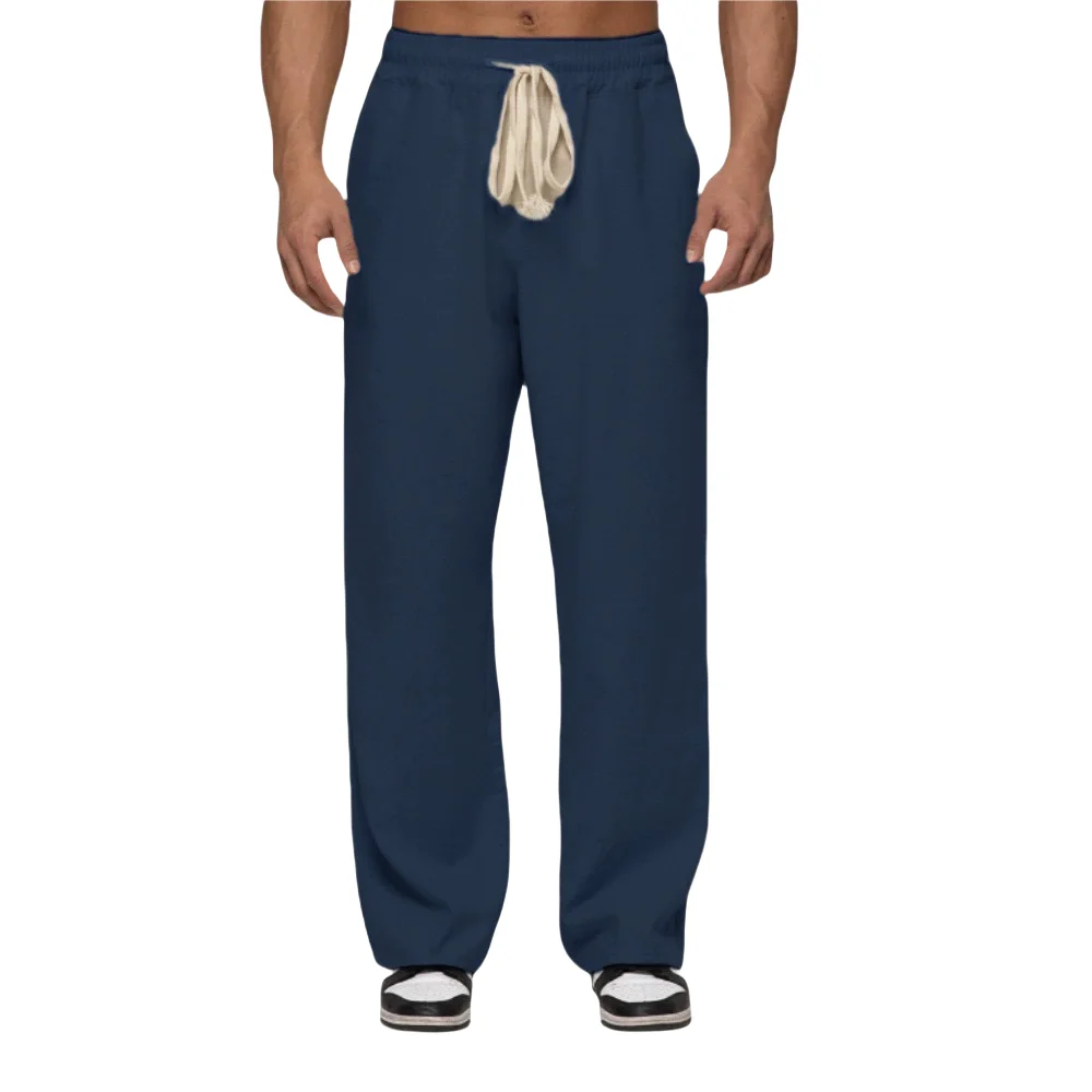 Summer men's style cotton and linen straight, breathable and loose casual pants, solid color elastic waist drawstring sweatpants