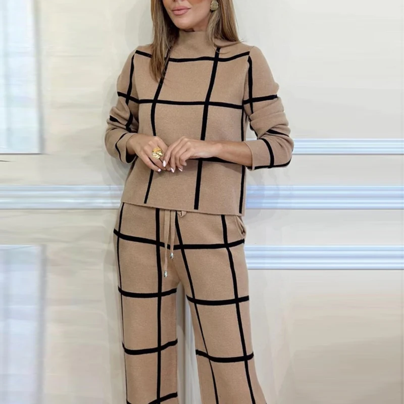 Fashion Plaid Print Autumn Clothing Women Elegant Turtleneck Pullover Top And Lace-up Pants Sets New Winter Straight Suit Outfit