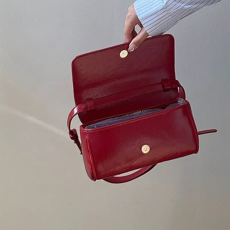 Miyagawa 2024 Retro Wine Red Versatile Underarm Bag Niche Oil Wax Skin Simple Fashionable One Shoulder Crossbody Bags