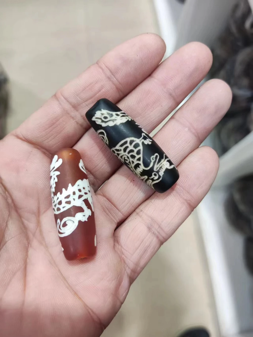 2 Pieces Old Mysterious Tibet Dzi Bead Dragon Vein Pendant Pattern Amulet Bless Fortune Talisman