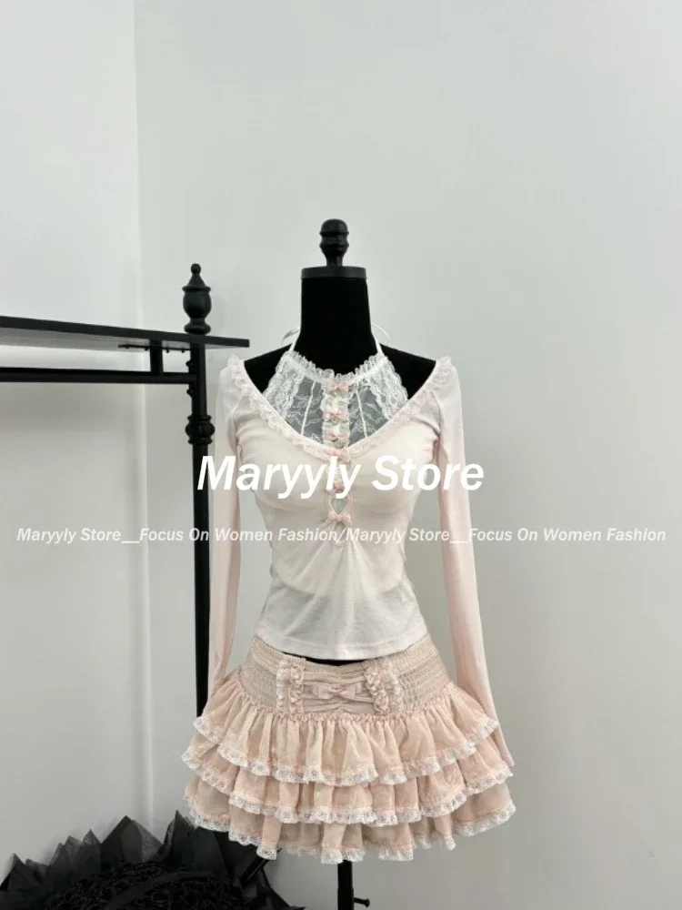 Sweet Kawaii 3 Piece Set Autumn Y2k V Neck Thin Tops + Sexy Slim Lace Vest + Cute High Wasit Mini Cake Skirt New Women Outfits