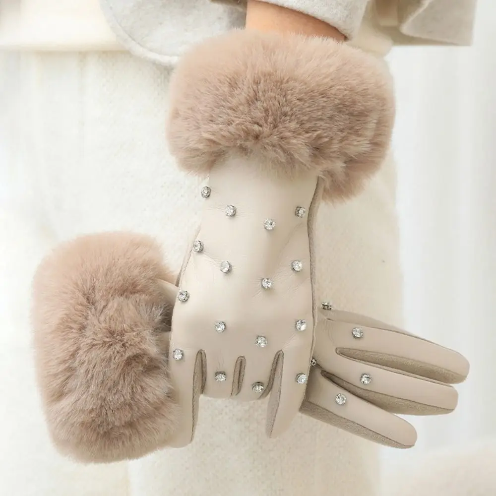 Modische Kunstpelzbesatzmanschette, PU-Lederhandschuhe, gefüttert, Strass, Winter-Thermohandschuhe, winddicht, Touchscreen, warme Handschuhe für Damen