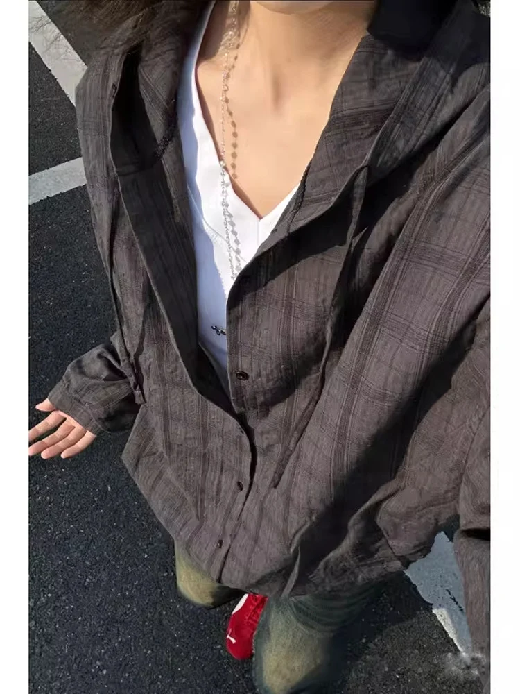 

Lightweight Breathable Plaid Shirt Men's Spring Summer Sun Protection Long Sleeve American Couple Hooded Coat Deep Gray