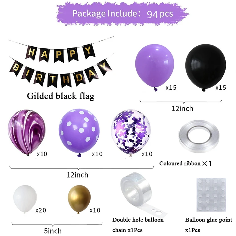 Black Gold Flag Wave Point Purple Balloon Wreath Wedding Birthday Party Decoration Baby Shower Metal Balloon Garland Arch Kit