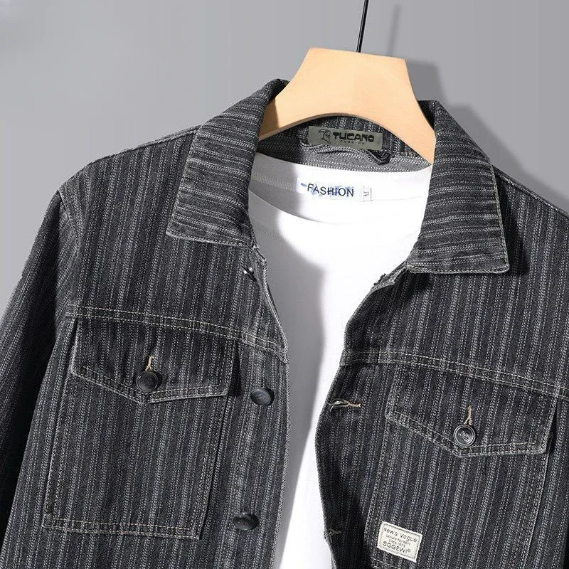 

Полосатое пальто в корейском стиле, молодежная мода, простая верхняя одежда больших размеров, мужской топ, весенняя мужская джинсовая куртка, свободная повседневная трендовая одежда