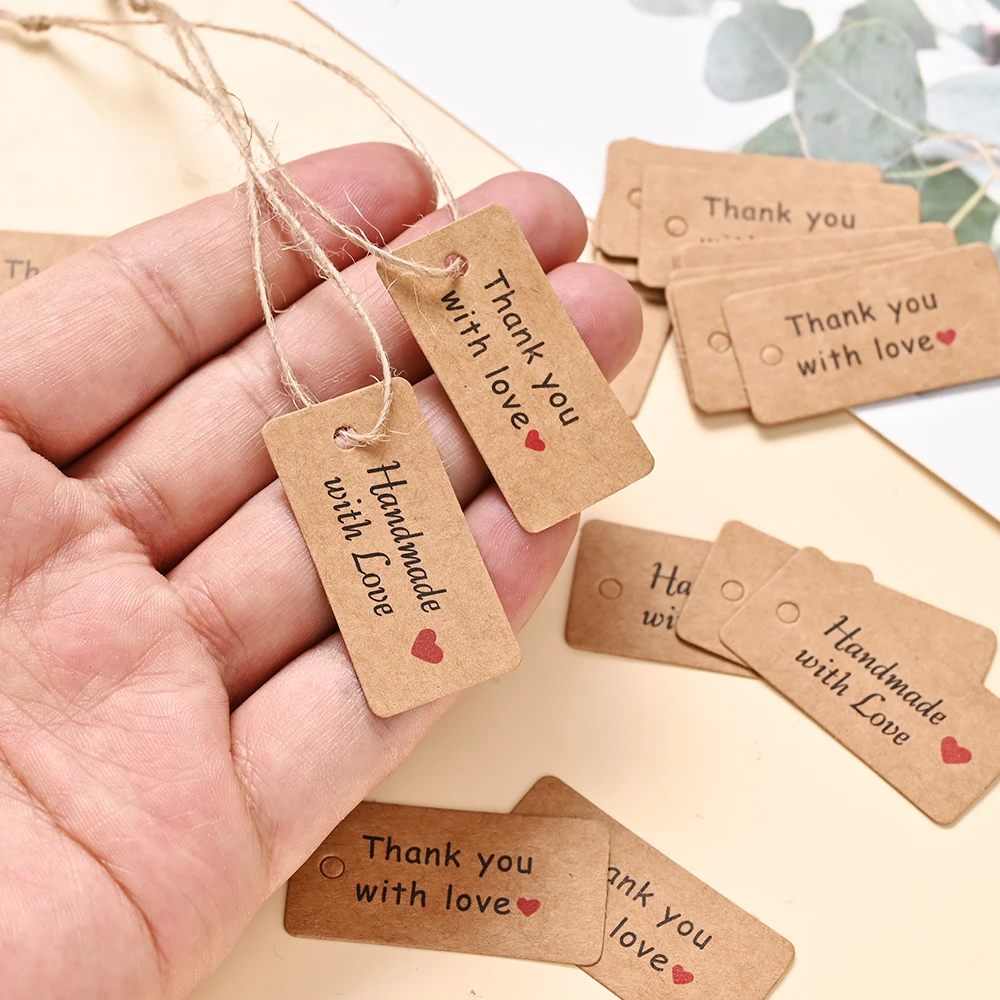 100 Stück Kraftpapier-Etiketten für Handarbeiten und Dankeschön-Geschenke mit Juteseil, geeignet für Party-Souvenirs und Schmuckverpackungen – Detail 4