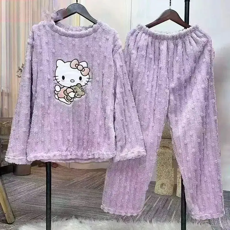 

Комплект женской пижамы Sanrio Hello Kitty из двух предметов, текстурированный, разноцветный, зимний, пушистый, повседневный, в стиле Y2K, для дома, 2026