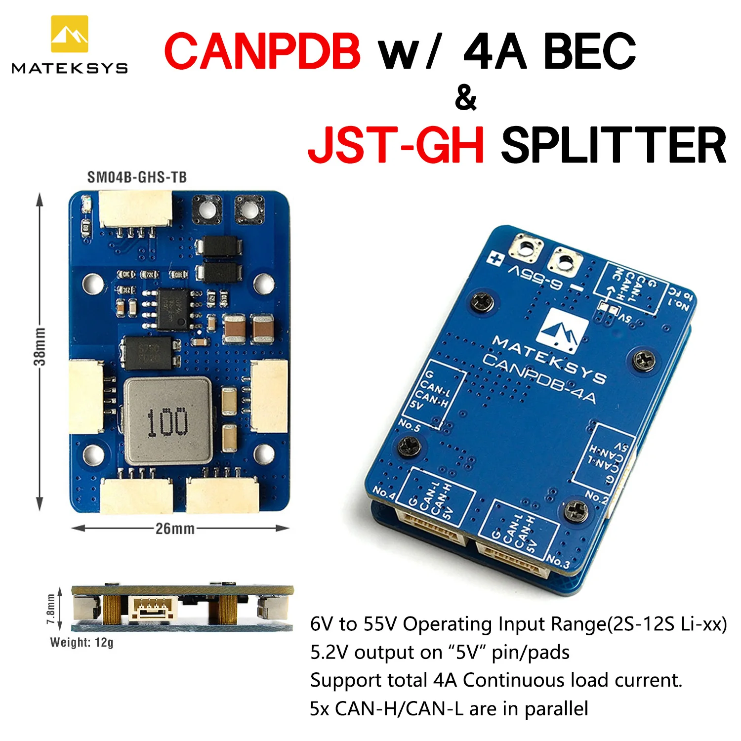 

MATEK MATEKSYS CANPDB W/ 4A BEC & JST-GH разветвитель с 6 В до 55 в входной диапазон (2S-12S) 38/26/7.8 мм 12g 5x CAN-H/CAN-L для дрона RC FPV