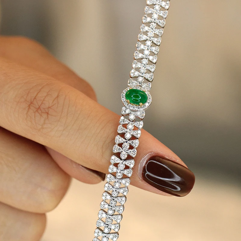 LUOWEND 100% 18K White Gold Bracelet Vintage Style Luxury Diamond Jewelry Natural Emerald Bracelet for Women Anniversary Gift