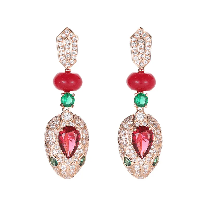 

New Arrival! Multi-Colored Bead Snake Drop Earrings - Pave Set Rhinestones, Rose Gold Plated, Vintage-Inspired Serpent Studs