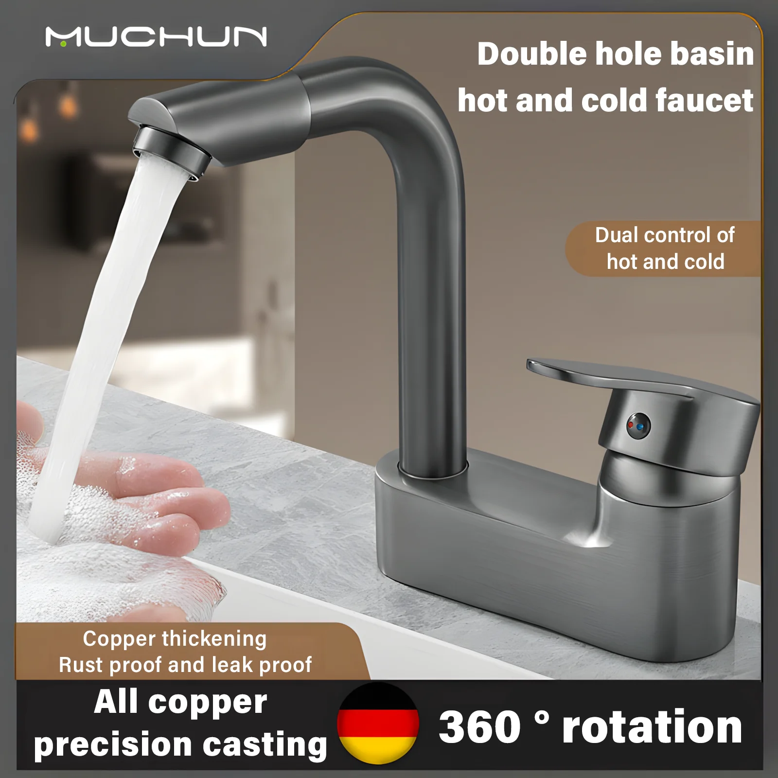 Dual hole bathroom faucet for both hot and cold use, Single Handle 720° Rotation, Ceramic Valve & Built-In Aerator