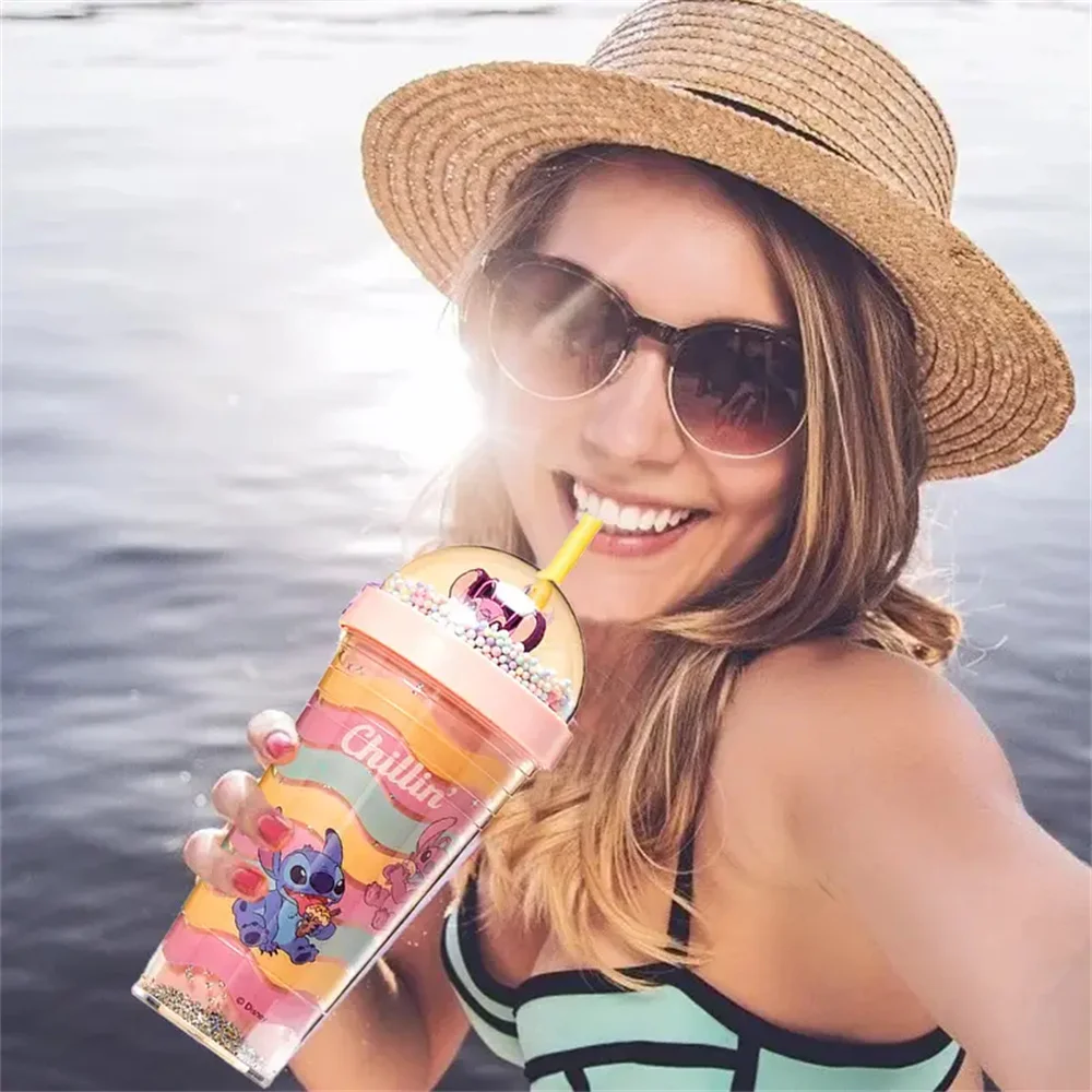 420ml MINISO Disney Lilo & Stitch Angelo Coppia Cartoon Doppio Strato di Plastica Tazza di Acqua Tazze di Paglia Regalo Portatile per ragazzo e ragazza