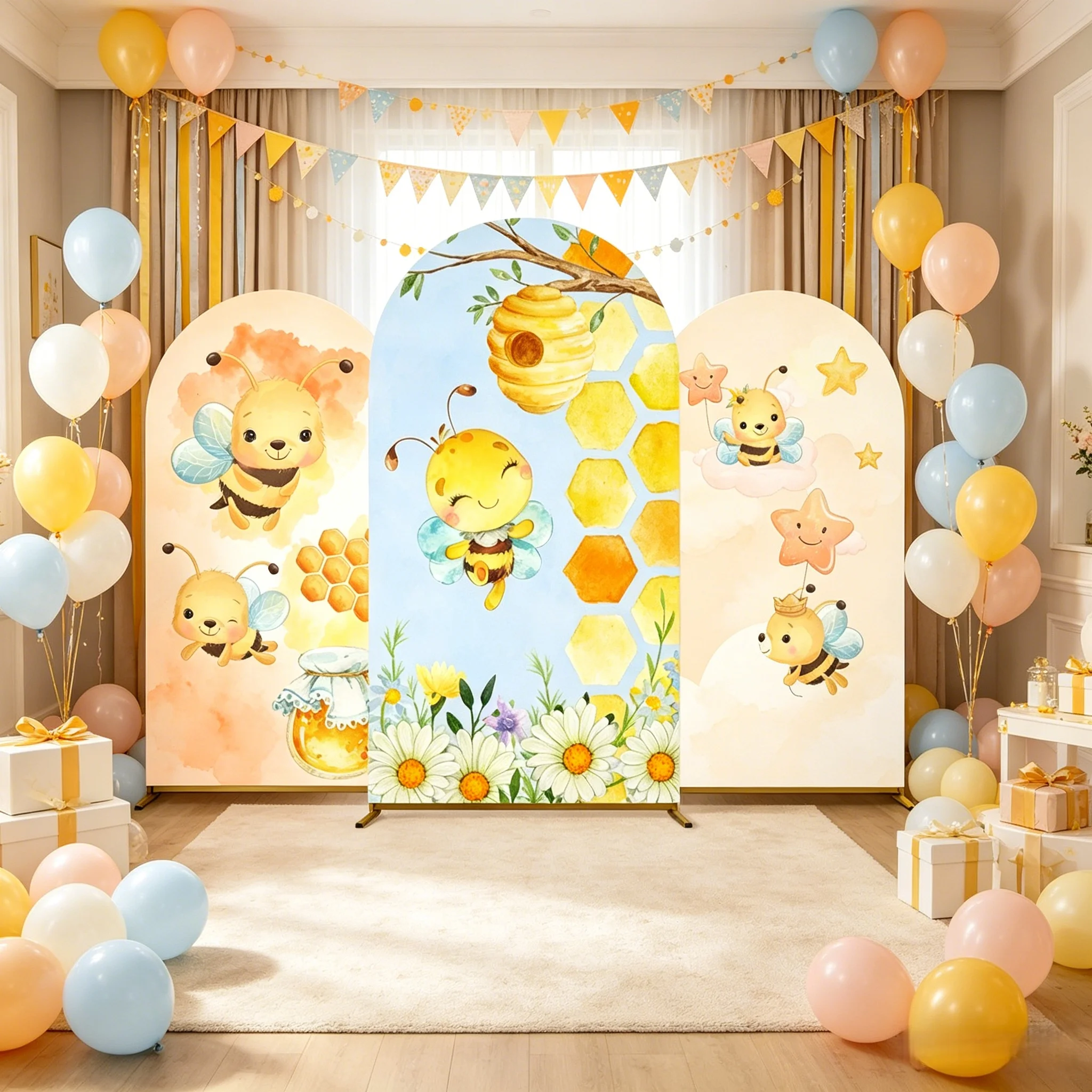 

Фон-арка «Медовые пчелы» с желтыми цветами и сотами для декора на детский праздник, выписку новорожденного, первый день рождения, детский портретный фон