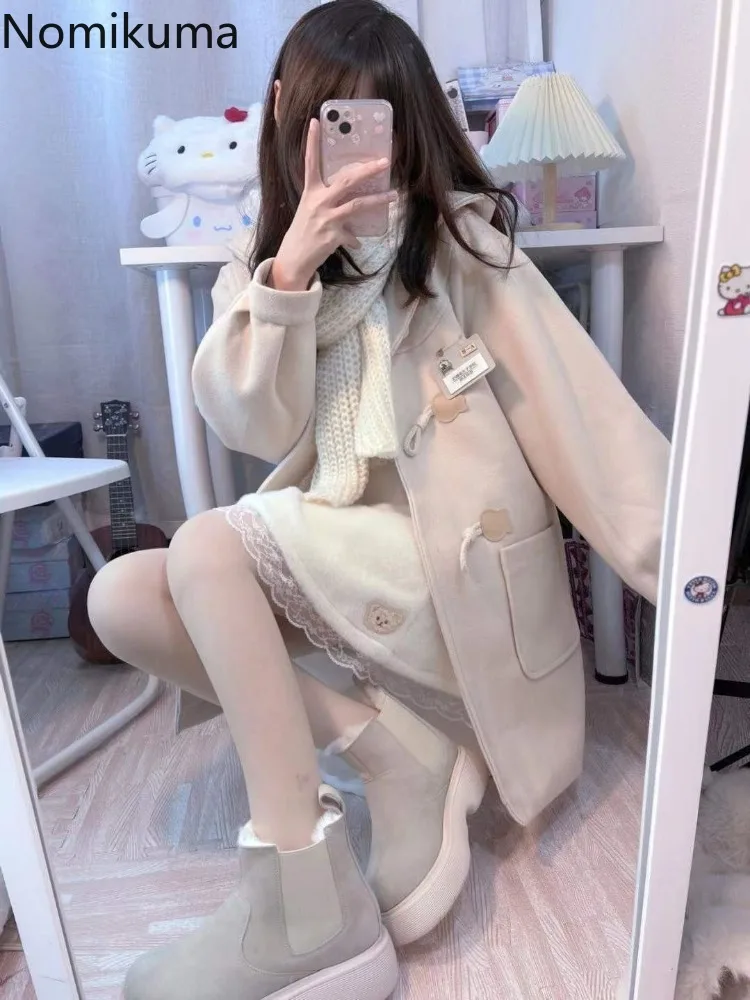 Wełniany płaszcz damski w stylu preppy japońskie mieszanki 2024 Ropa Mujer z kapturem jednokolorowa odzież wierzchnia ponadgabarytowa moda codzienna