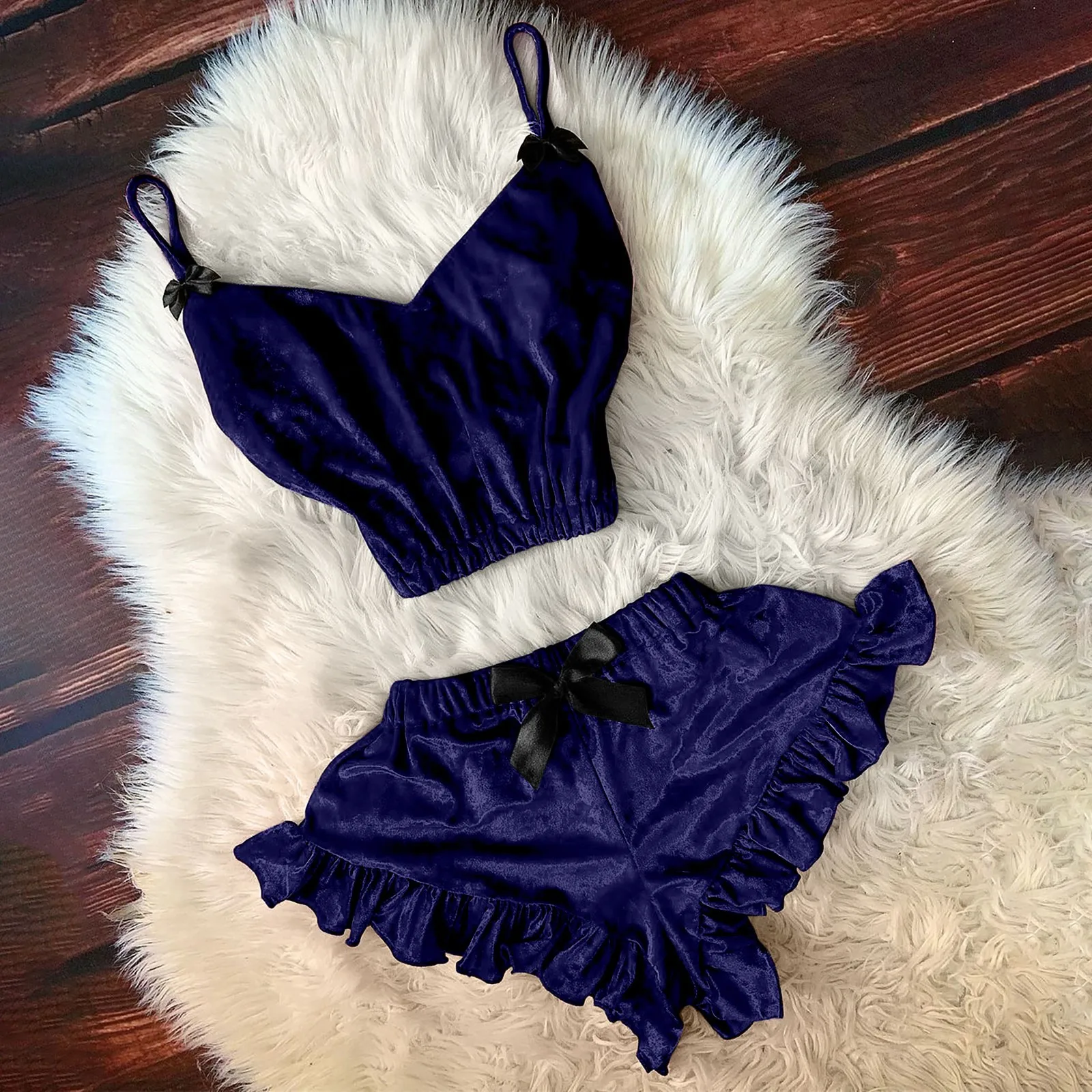 Women V-Neck Velvet Pijama Nightie Sleepwear Sexy Camisole Pajamas Bowknot Shorts Set Underwear Home Clothes Tops and Shorts