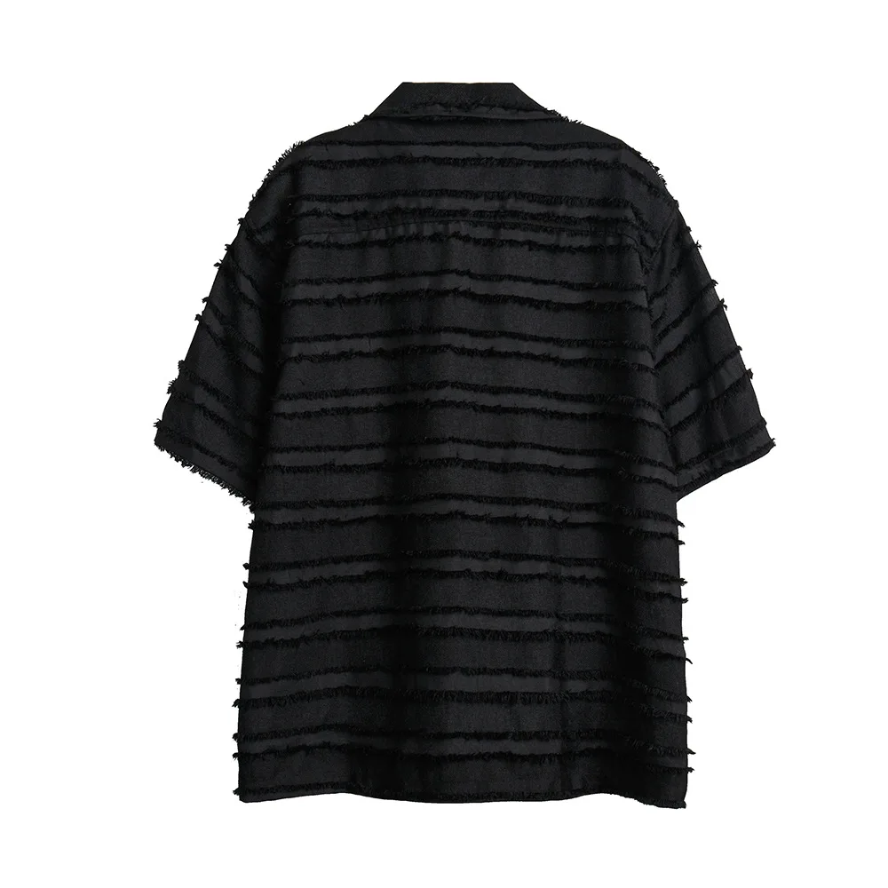 Loose short-sleeved shirt for men, trendy brand, personalized casual solid color striped tassel raw edge casual shirt for summer