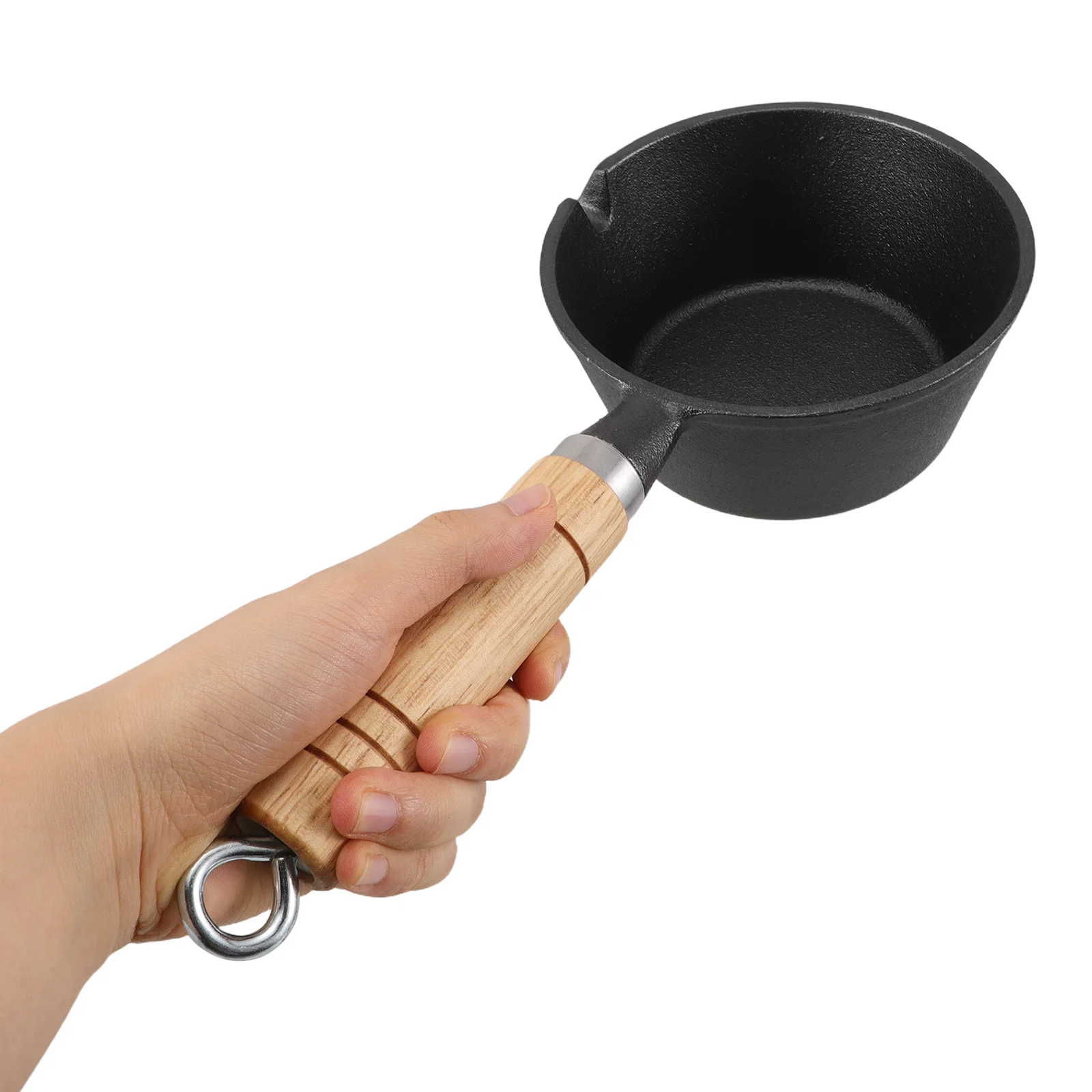 

Compact Cast Iron Egg Skillet Mini Iron Frying Pan Wooden Handle Stove Top Butter Melting Milk Boiling Pot Small Portion