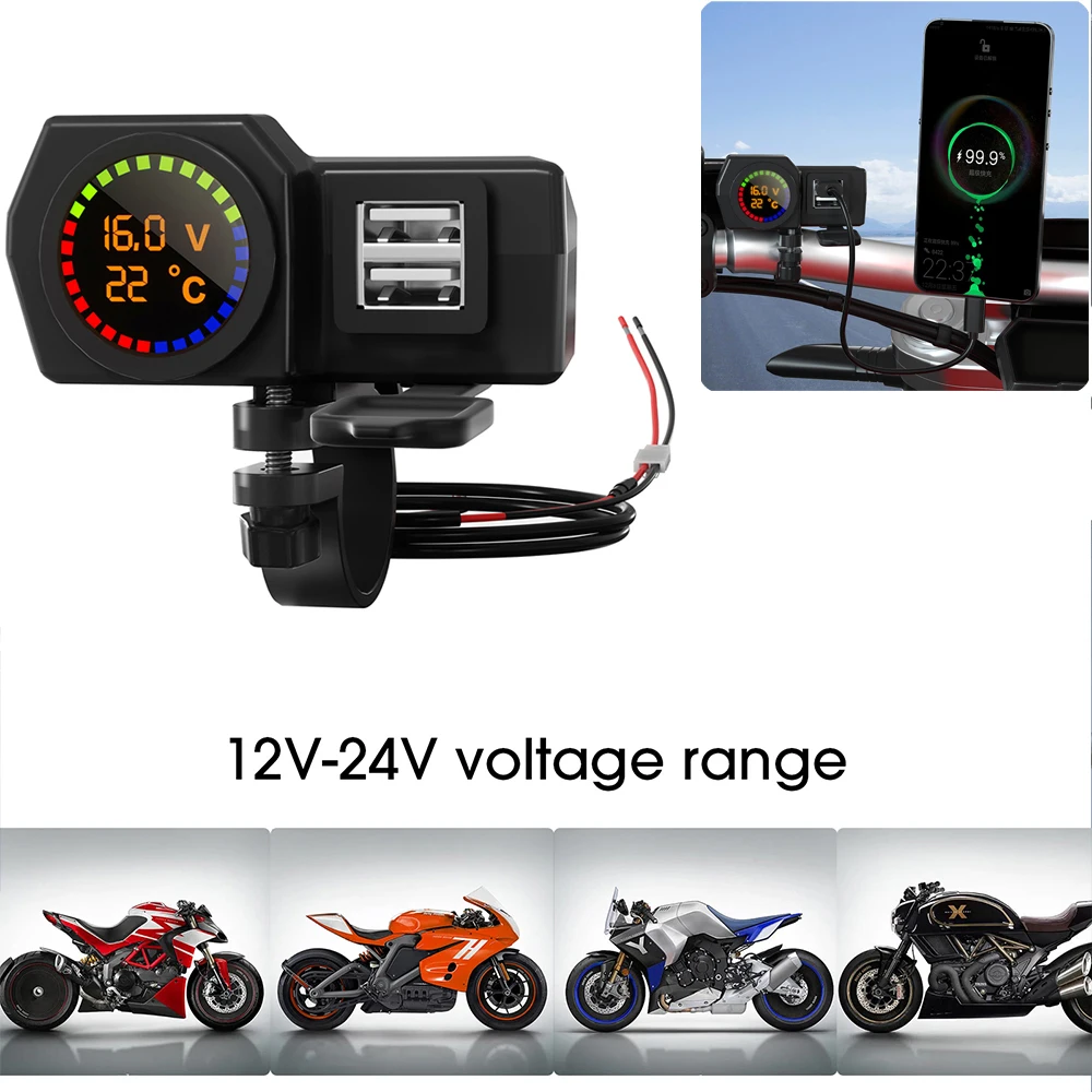 

12-24V Motorcycle Dual USB Type C Charger Fast Charging Voltmeter Thermometer Digital Display 3.4A Phone Charger Socket