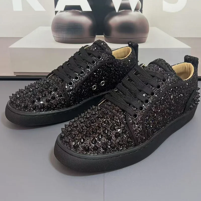 men's casual punk hip hop dress rivets shoes black stylish natural leather studded shoe youth flat sneakers personality footwear