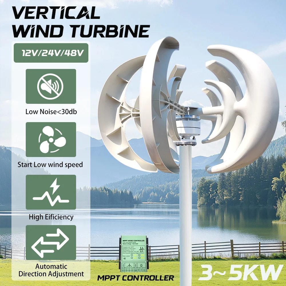 Generatore Eolico Verticale 3000W 5000W 12V 24V 48V per Uso Domestico e Agricolo con Controller MPPT Gratuito, Piccolo Mulino a Vento per Energia Gratuita