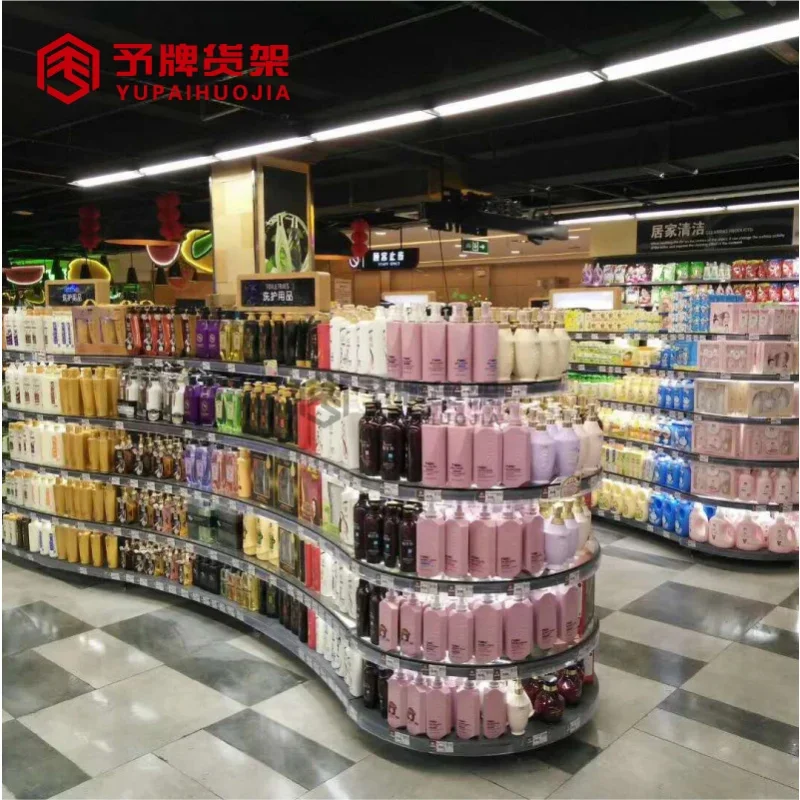 custom.Double-Sided Heavy Duty Metallic Supermarket Display Rack with Gondola Shelving Durable & Easy Installation