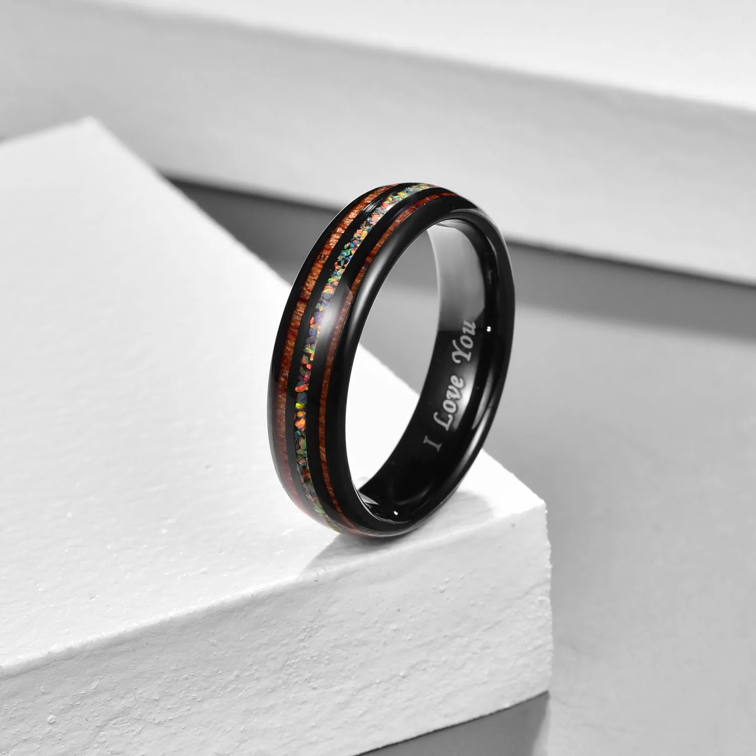 NUNCAD 6mm Tungsten Carbide Ring Opal Hawaii Koa Wood Komaru Width Color Rainbow Men's Women's I Love You Ring AAA Quality