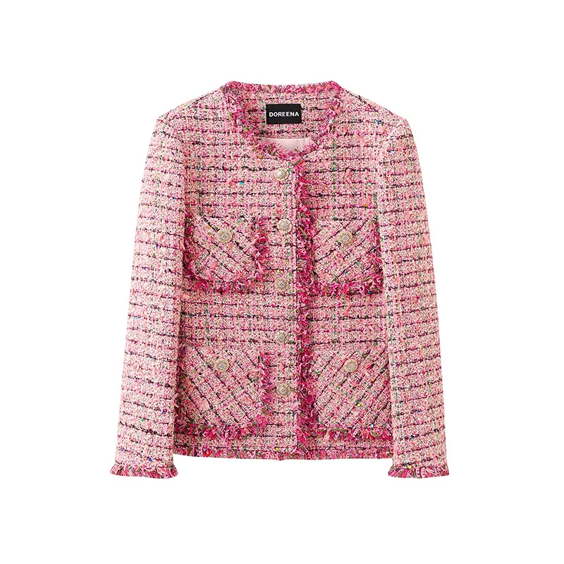 

Autumn Winter High Quality O Neck Tassel Plaid Small Fragrance Short Coat Women's Fashion Loose Elegant French Lady Tweed Coat
