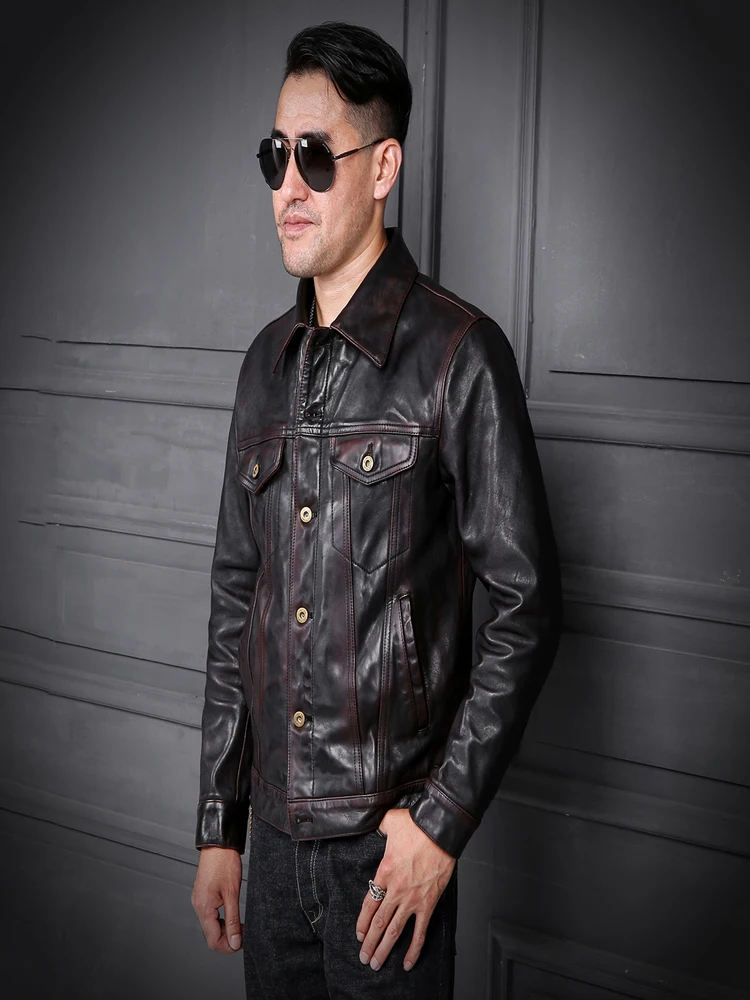 

YR!Free shipping.quality tea core horsehide jacket,Classic casual 557 leather clothes,Man Vintage slim genuine coat,