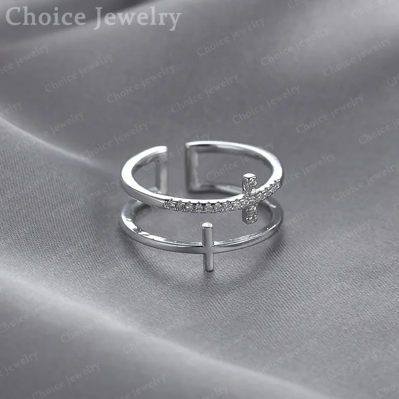 925 Sterling Silver Gold Zircons Cross Open Rings For Women Wedding Engagement Band Bride Declaration Jewelry Noble Luxury Gift view 2