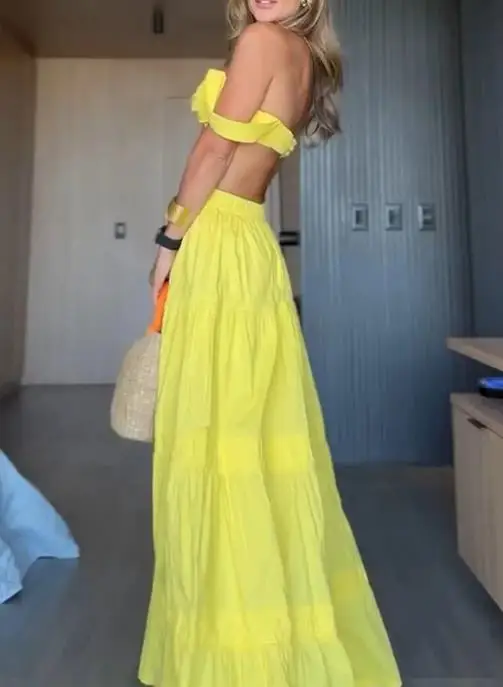 

Women's Fashion Dress 2025 Summer Latest Hot Selling Style Elegant Y2K Style Unique Hot Girl New Yellow Long Dress Sexy Set