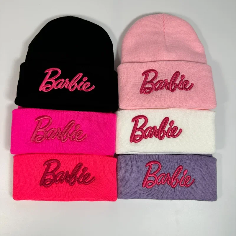 Barbie Knitted Hat Kawaii Y2K Girls Cute Woolen Hat Female Ski Cap Soft Warm Elastic All Match Leisure Hats Birthday Present