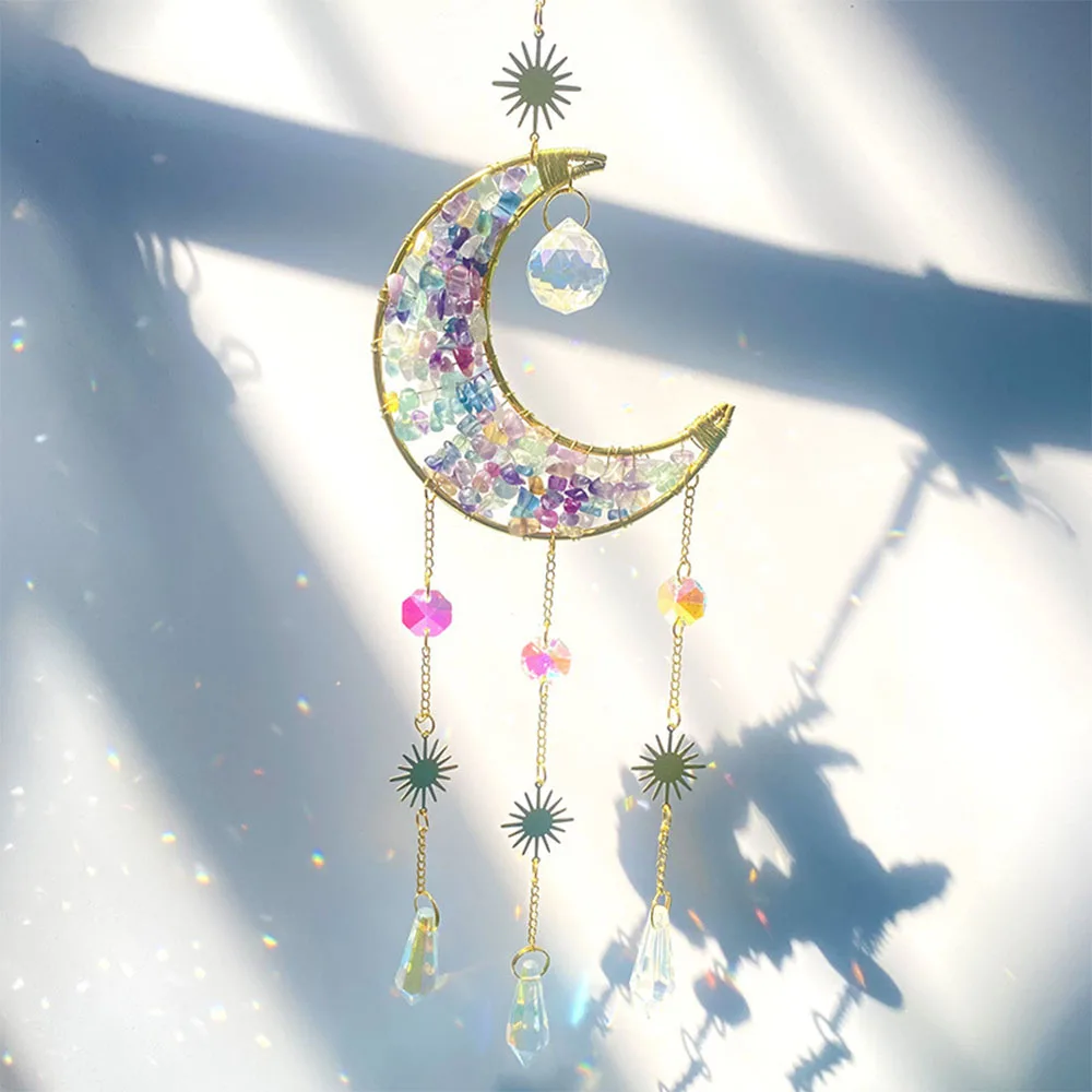 Fluorite Moon Sun Catcher Wind Chime - Crystal Hanging Ornament for Window Home Decor & Gift