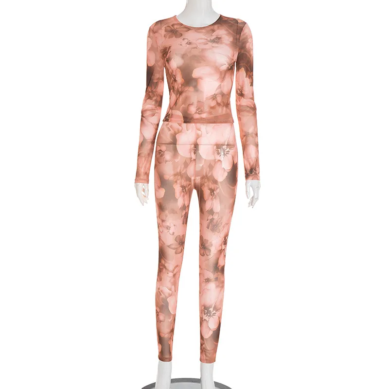 방니웨이구 플라워 프린트 크루넥 탑 힙 타이트 팬츠 세트 여성 메쉬 올오버 프린트 풀 슬리브 시어 수트 베이지