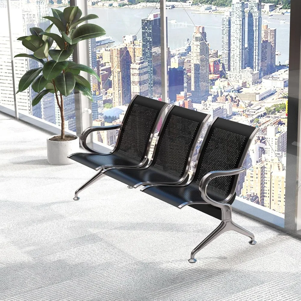 

Waiting Room Chair Bench - Guest Reception Chairs for Airport Bank Salon Barber Hall Room Conference (3-seat, Black-Mesh)