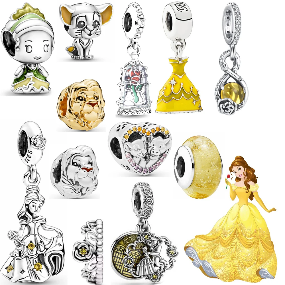 Disney 925 Silver Charm Beauty and The Beast Princess Pendant Sterling Silver Bead Rose Charm Fit original Pandora Women Jewelry