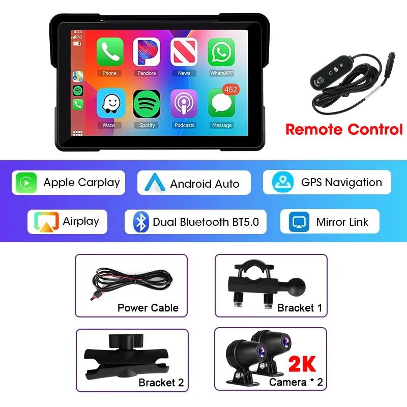Jansite 5/7 inch Carplay Motorfiets DVR Navigatie GPS Draadloos CarPlay Android Auto IPX7 Scherm Draagbare Moto Monitor