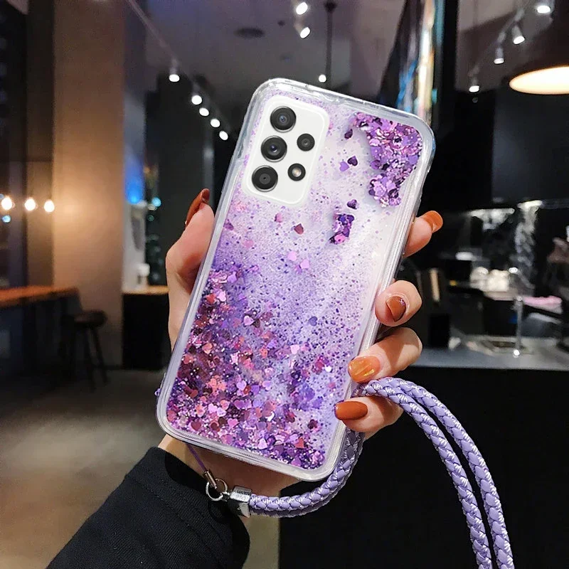 Lanyard Glitter Liquid Silicone Case For Samsung Galaxy A15 A25 A35 A55 5G funda Back Cover