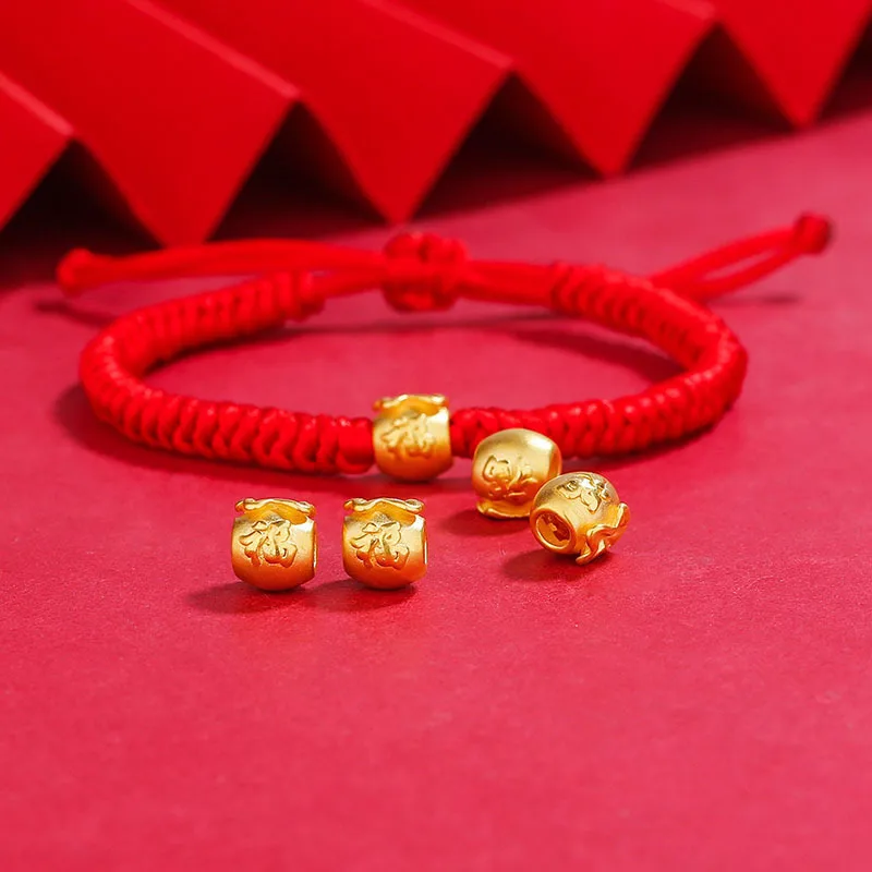 Pure 24K Yellow Gold Bracelet For Women Men 3D Blessing Fu Money Bag Red String Handmade Bracelet 16-18cm Length