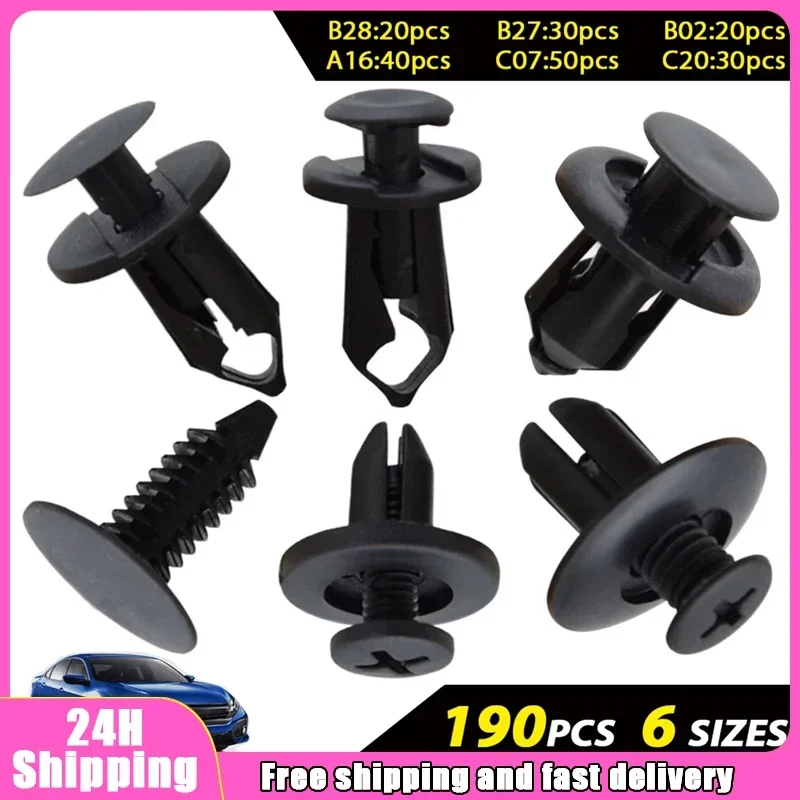 190PCS Universal Auto Fastener Clips Plastic Rivets 6 Sizes Car Push Pin Rivet Trim Clip Bumper Fender Door Panel Retainer Kit