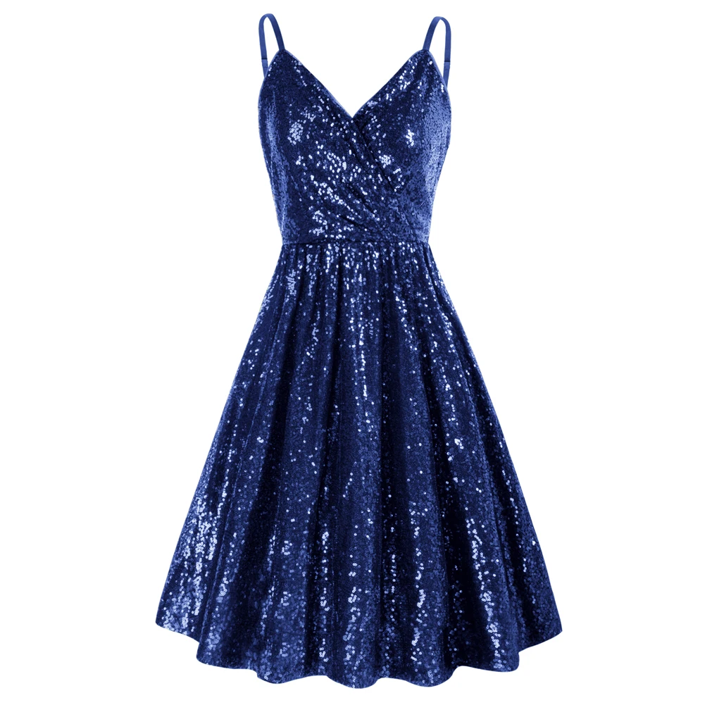 

GK Dresses For Women Sequined Cocktail Party Dress Sexy Elegant Spaghetti Strap Overlapping V-Neck Flared A-Line Cami-Dress